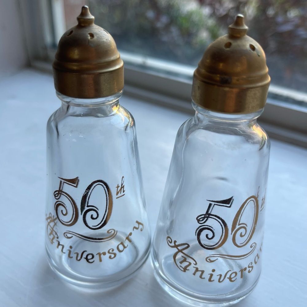 50th Anniversary Clear Glass Salt & Pepper Shakers Vintage with Gold Cap 50s